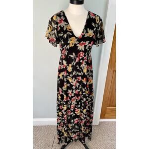 Vtg Black Moody Floral Print Midi Dress SZ SM Fairy Grunge Y2K Event Office